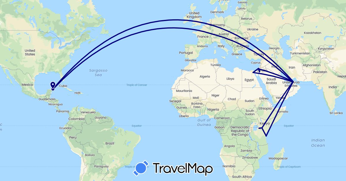 TravelMap itinerary: driving in United Arab Emirates, Switzerland, Egypt, Israel, Jordan, Kenya, Mexico, Tanzania (Africa, Asia, Europe, North America)